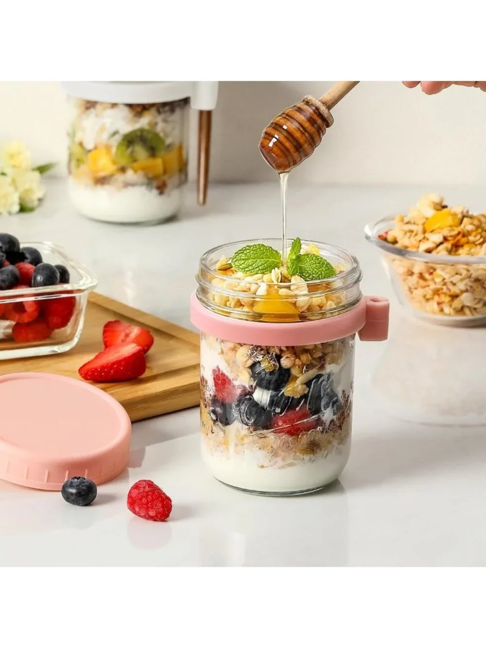 4 Pack Glass Mason Jars with Lids & Spoons - Airtight Overnight Oats Containers